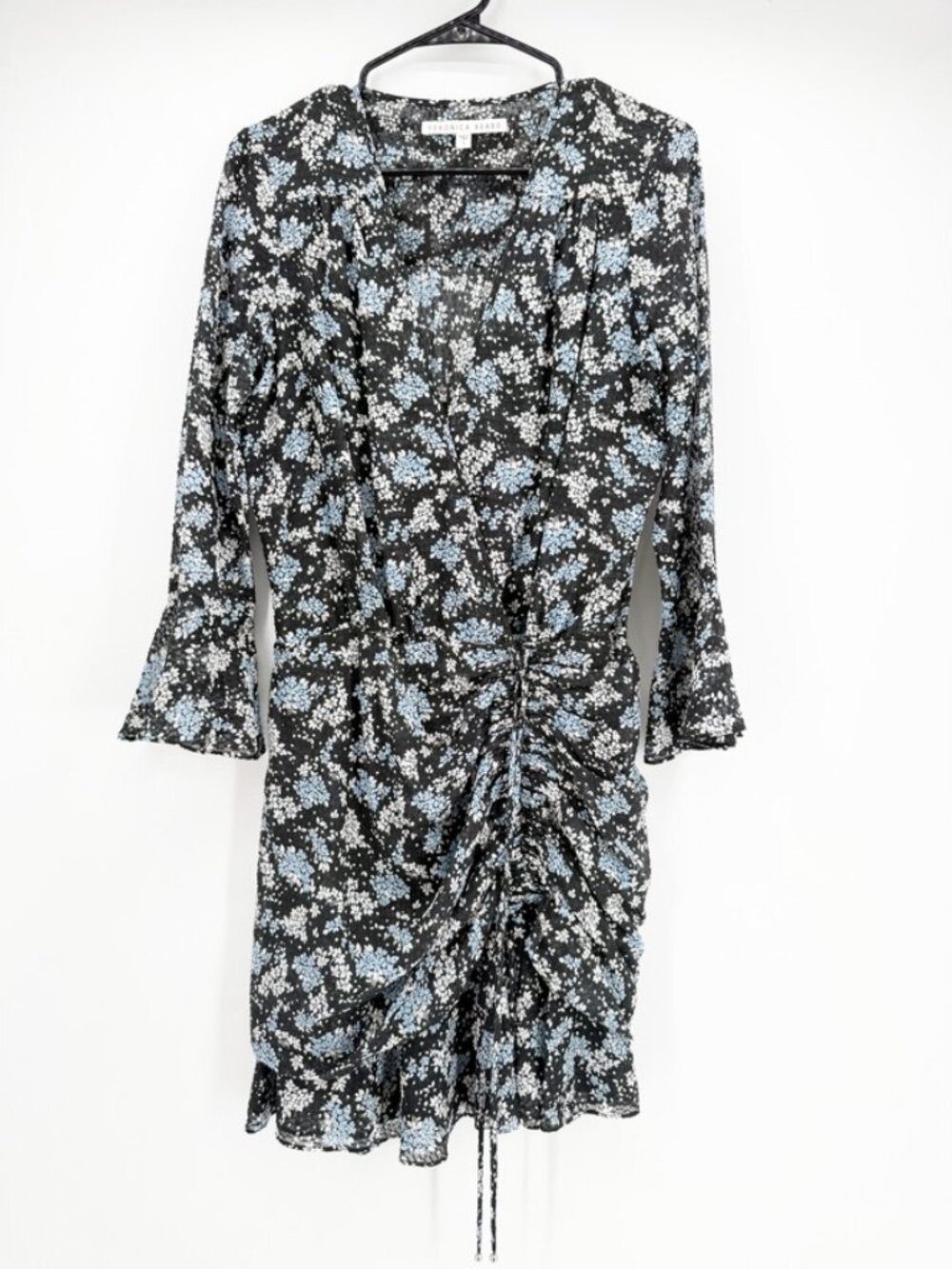 Veronica Beard Sean Floral Ruched Silk Mini Dress Black Blue Size 6 - Picture 2 of 7